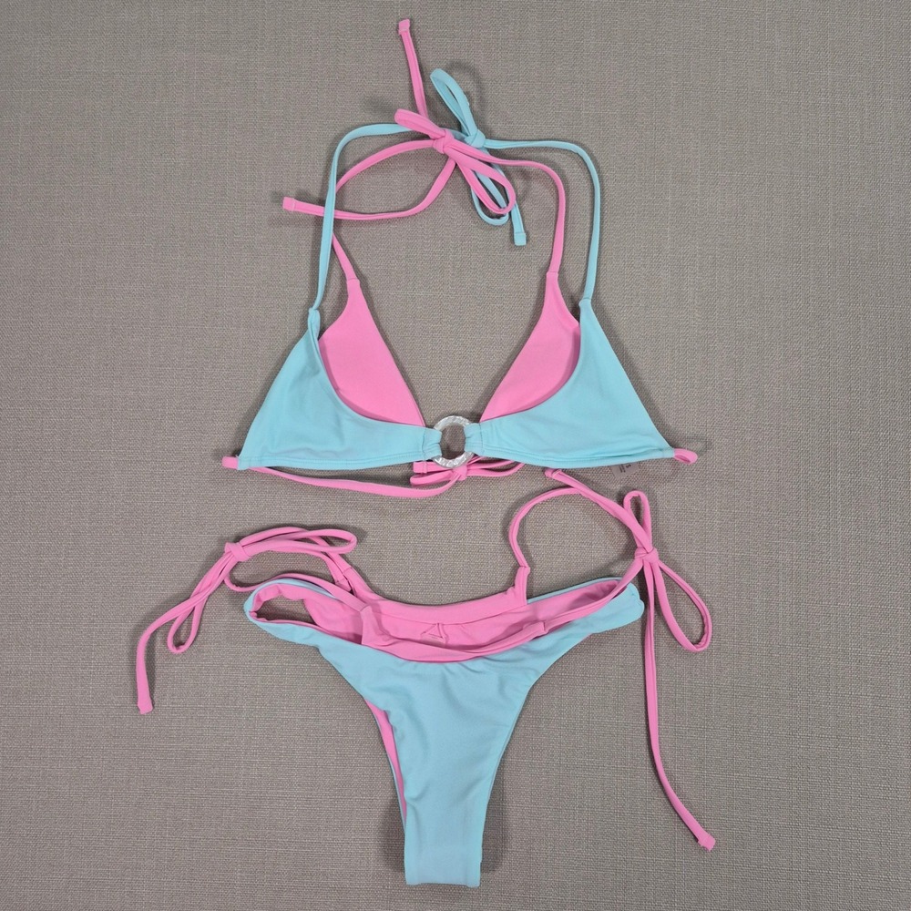 Seamoly Women Two-Piece Bikini Set Blue Pink Halter Triangle Top Side Tie Size S